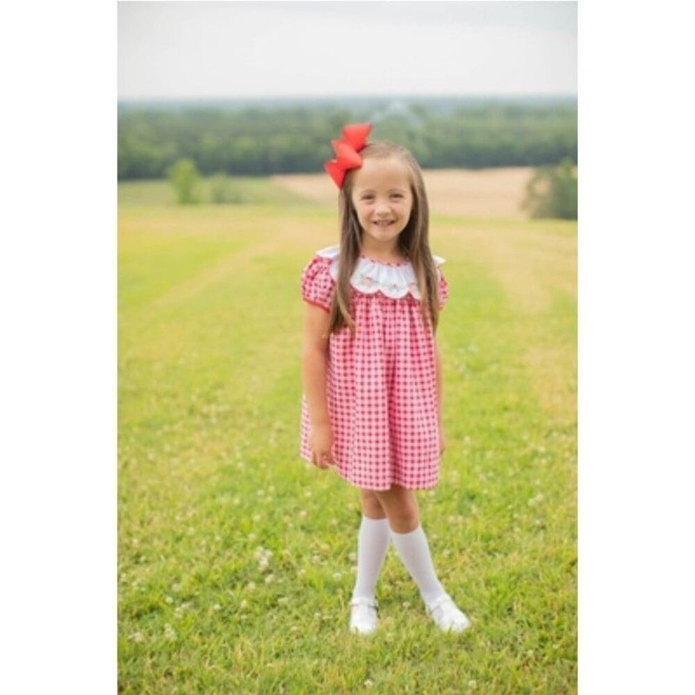 THE PROPER PEONY GIRLS CHRISTMAS DRESS - RED CHECK EMBROIDERED GOLDEN BELLS